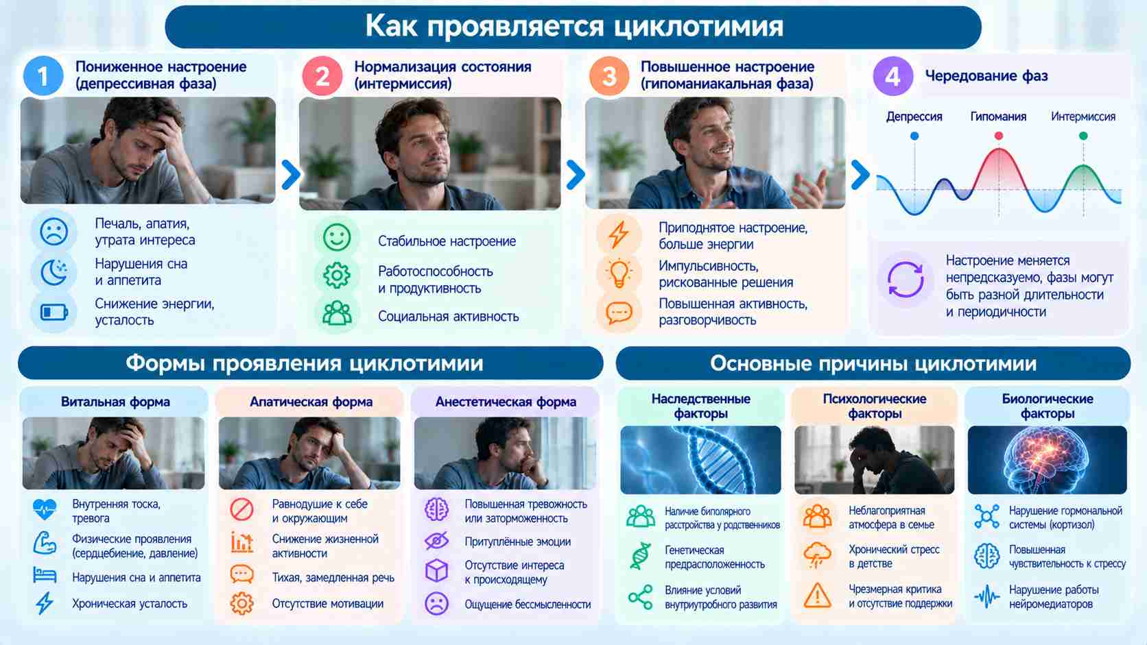 Инфографика о циклотимии: чередование депрессивных и гипоманиакальных фаз, периоды стабильного настроения, формы проявления и причины расстройства.